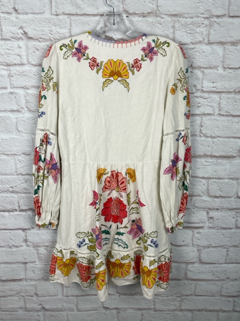 Farm Rio Floral Insects Linen Blend White Long Sleeve Mini Dress Size S - Picture 2 of 8